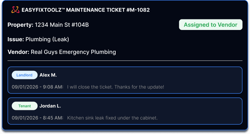 An EasyFixToolz™ maintenance ticket assigned to a vendor, with messages between the landlord and the tenant
