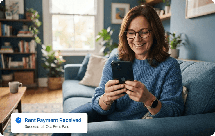 A smiling landlord checking a Rent Payment Received notification on a phone