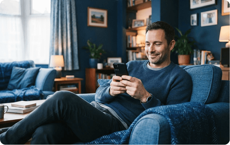 A landlord relaxing on a sofa, reading a message on his phone