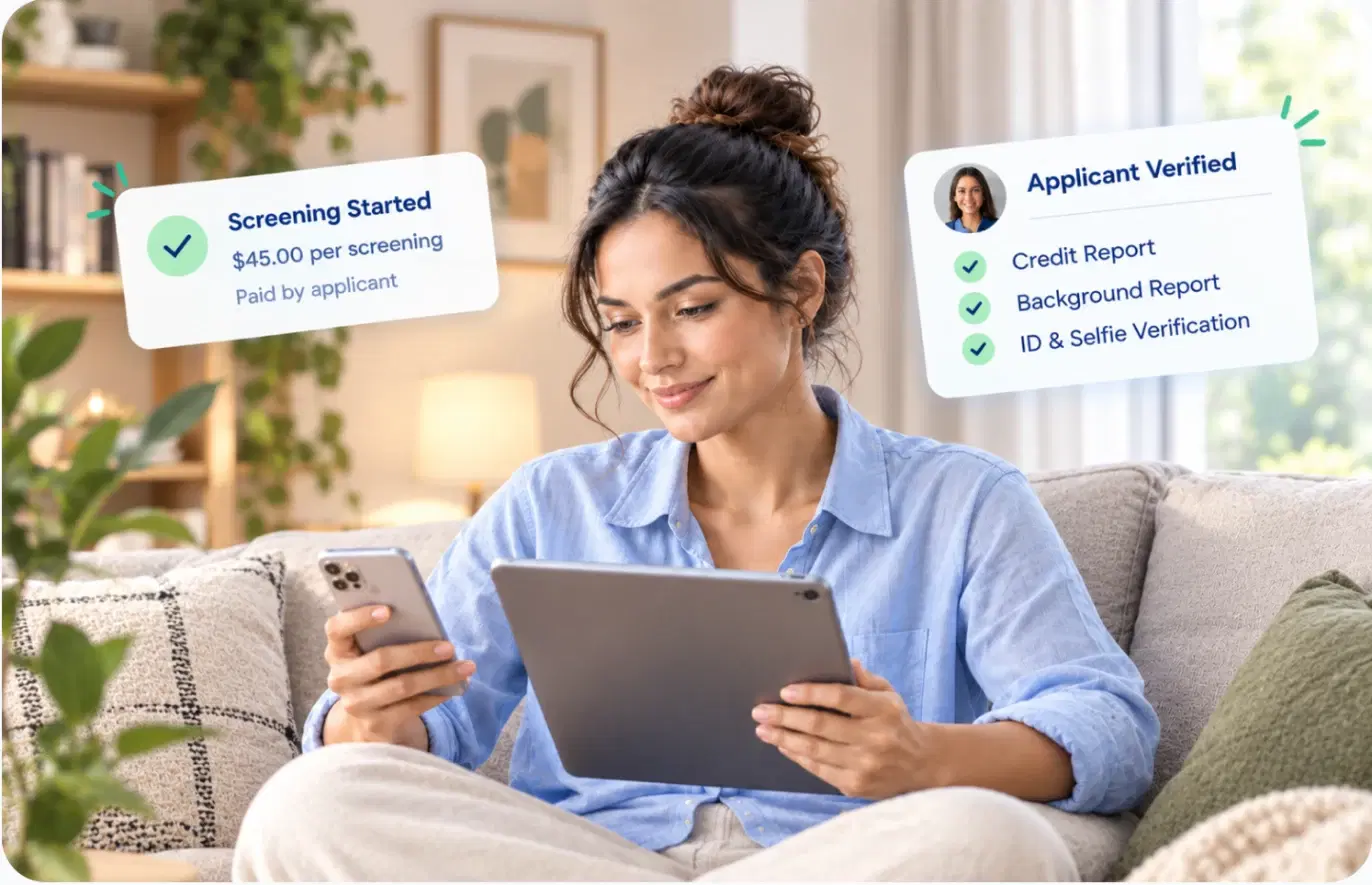 A tenant using a phone and tablet to pay a screening fee, with confirmation cards showing the applicant was verified